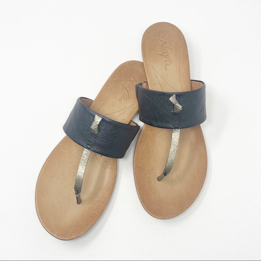 Thong Leather Slip On Sandals NWOT from Bloomingdale’s Black and Gold